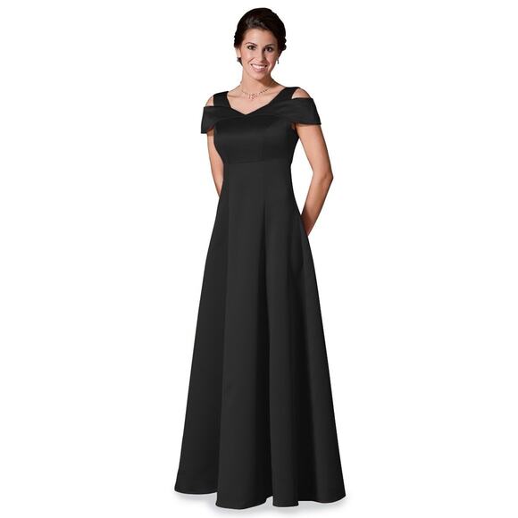 SOUTHEASTERN WOMEN'S BLACK SATIN ANDANTE OFF THE SHOULDER DRESS/GOWN SIZE 6-EUC - Picture 1 of 6